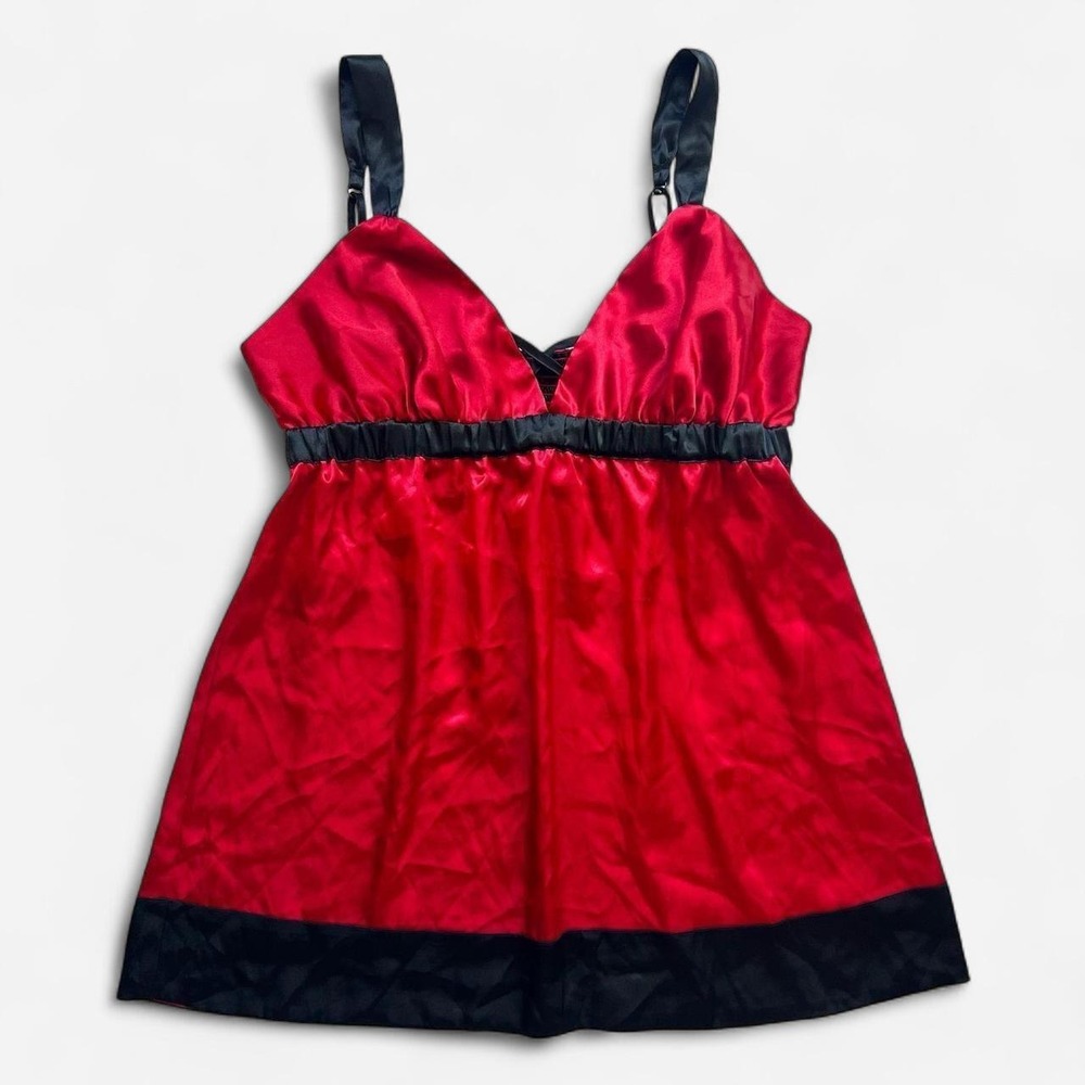 Vintage Morgan Taylor Red Satin Babydoll Top with Black Trim